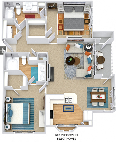 Floor plan for 2 beds, 2 baths, 1069 sqft